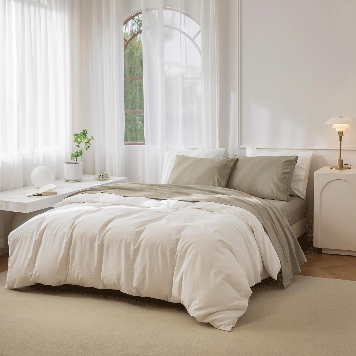 JIYUAN 100% Washed Cotton Sheet Set 4 Pieces Queen,1 Fitted Sheet,1 Flat Sheet and 2 Pillowcases,Comfy and Breathable Linen Like Bedding Set,Khaki - Image 2