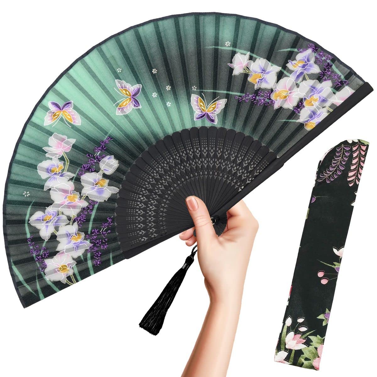 OMyTea Folding Hand Fan for Women - Foldable Chinese Japanese Vintage Bamboo Silk Fan - for Hot Flash, Church, EDM, Music Festival, Party, Dance, Performance, Decoration, Gift (Green Orchid)