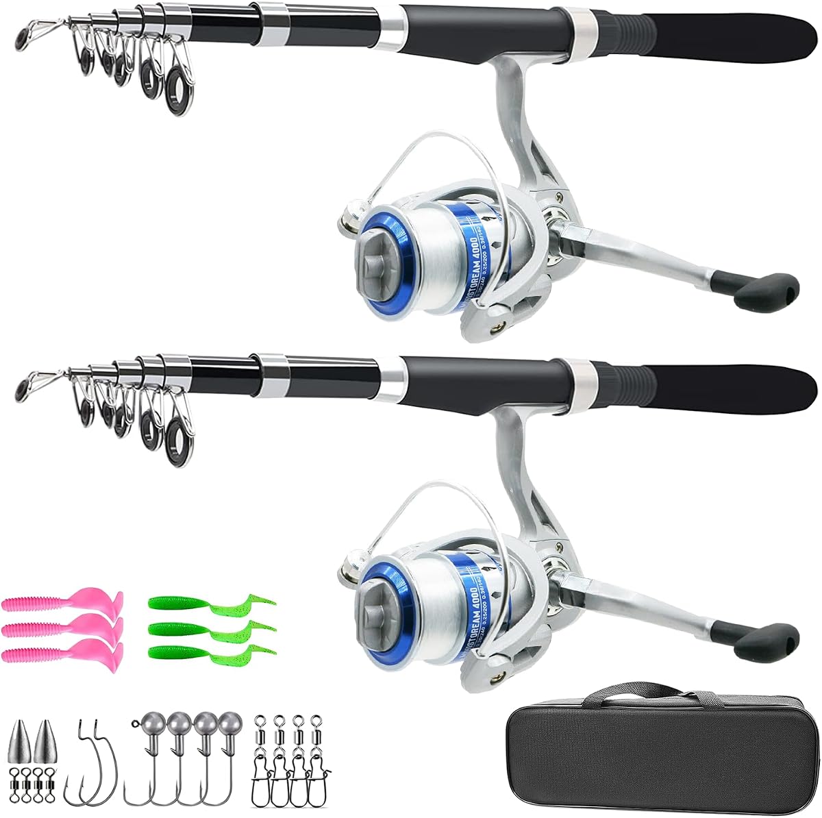 Fishing Pole Combo Set,2.1m/6.89ft 2PCS Collapsible Rods 2PCS Spinning Reels Lures Set Carrier Bag Carbon Fiber Telescopic Fishing Rods Sea Saltwater Freshwater Kit Fishing Rod Reel Combos