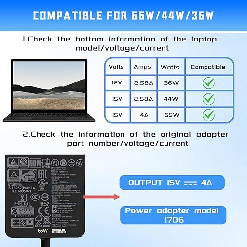 Miniatura 2 de Cargador Surface Pro de 65 W, compatible con Microsoft Surface Pro11 10 9 8 7+ 7 6 5 4 X compatible 1769 1867 1868 1872 1873 1943 1951 2036 Laptop7