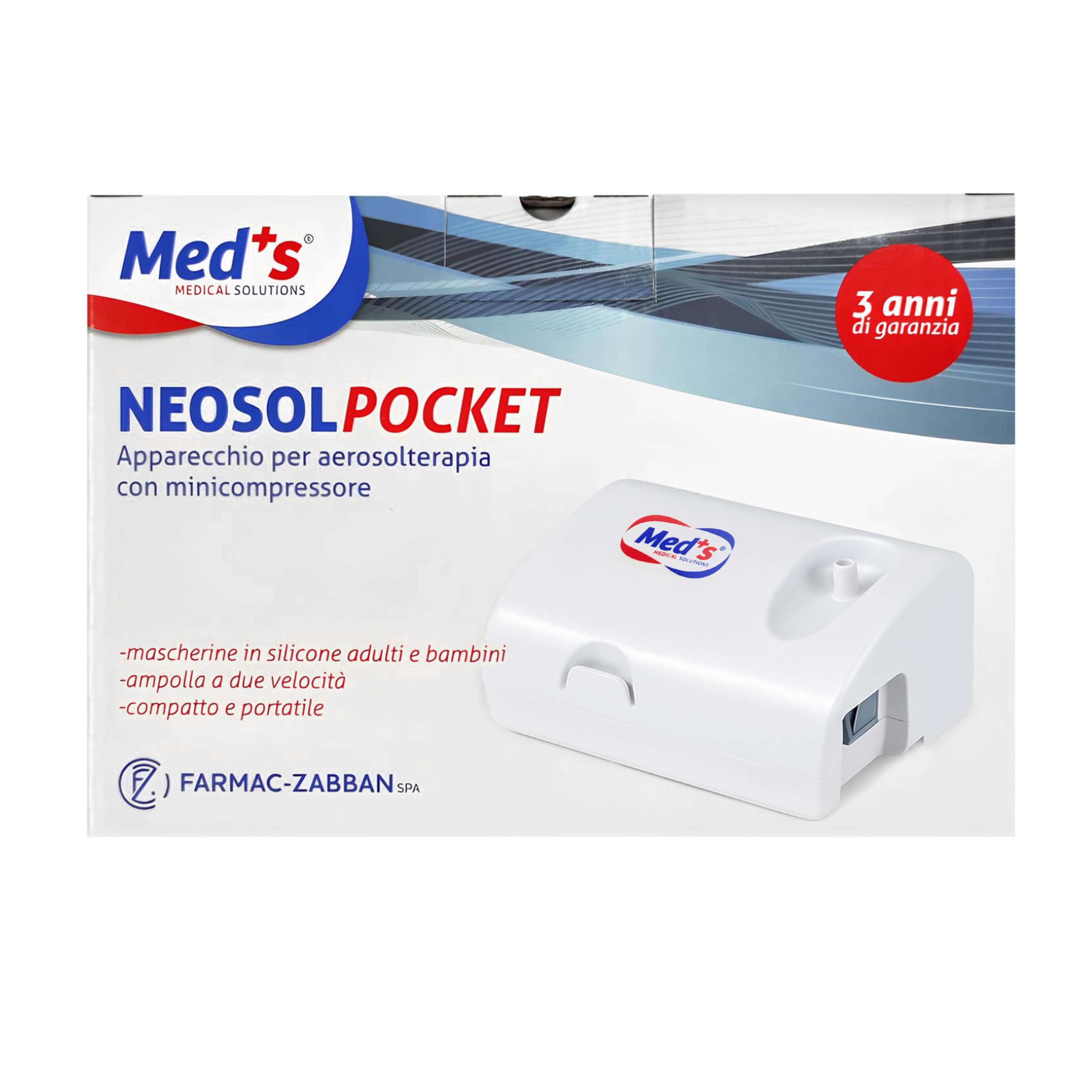 NEOSOL POCKET Aerosol portatile con mini compressore e ampolla a due velocità, maschera Adulto e Pediatrica