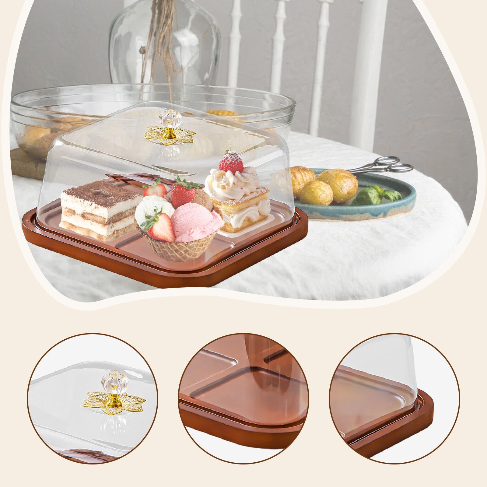 Présentoir à Gâteaux avec Couvercle, Plateau de Service, Présentoir à Cupcakes Multifonctionnel, Planche à Charcuterie, Anniversaire, Noël, Carré 26.5 X 14.5 Cm