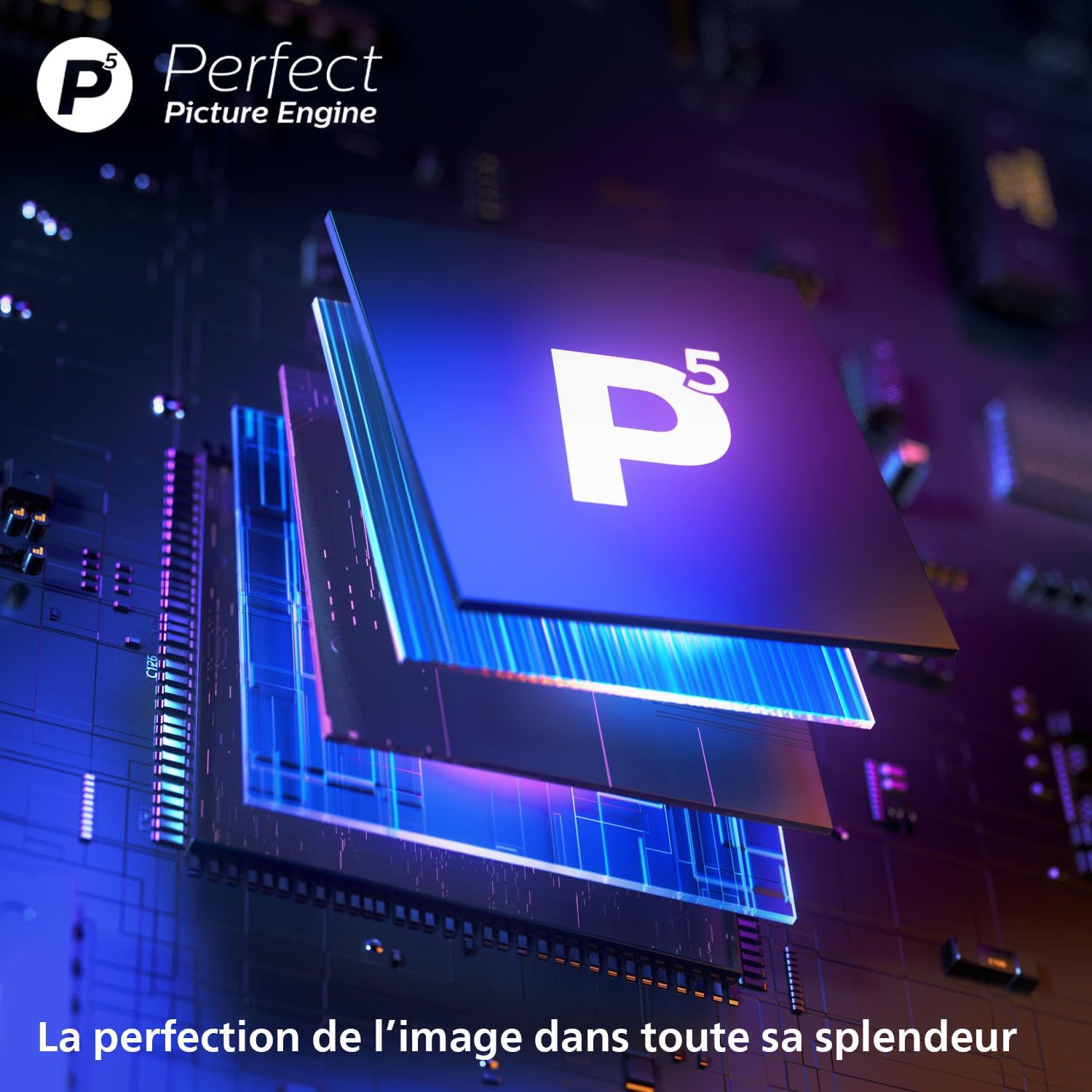 Close-up of a microchip labeled 'P5 Perfect Picture Engine', representing the advanced image processing technology of the TV.