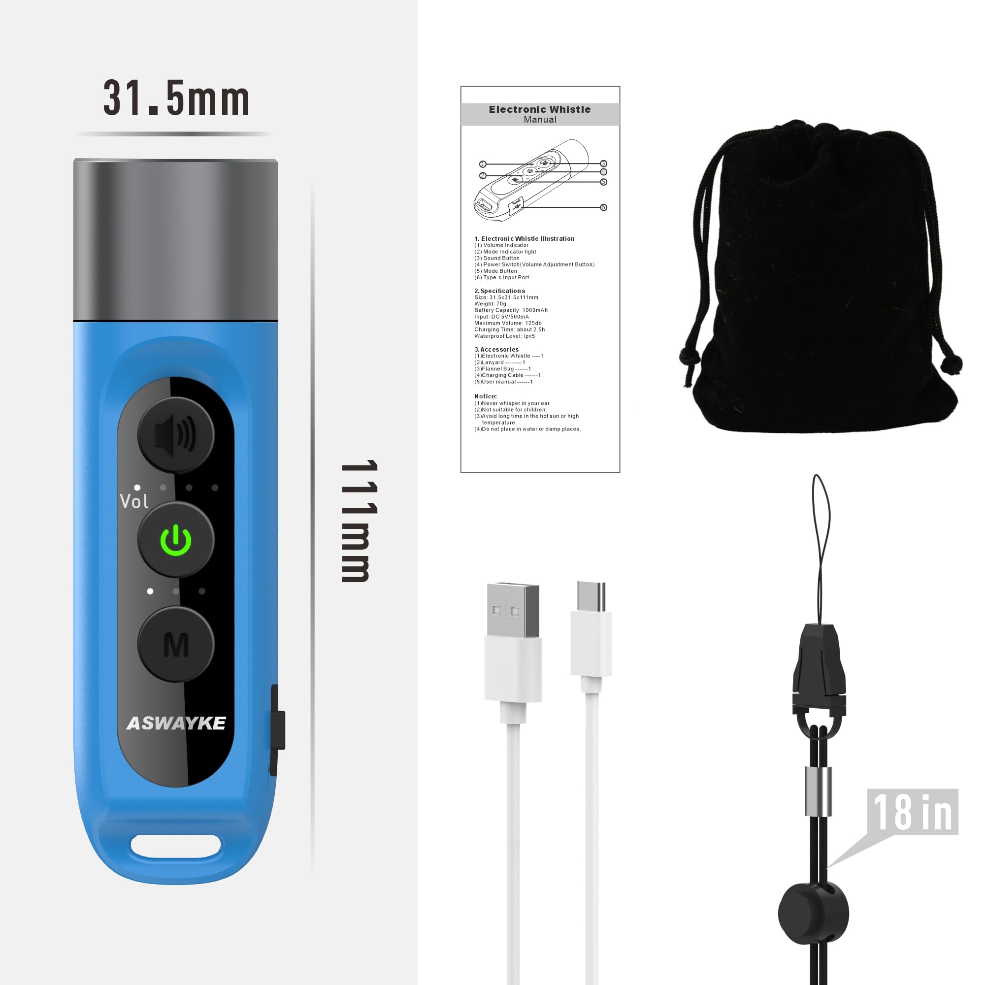 Silbato electrónico IPX5 máximo de Sonido 125db, batería de 1000 mAh para Entrenadores, Profesores, Silbato Deportivo