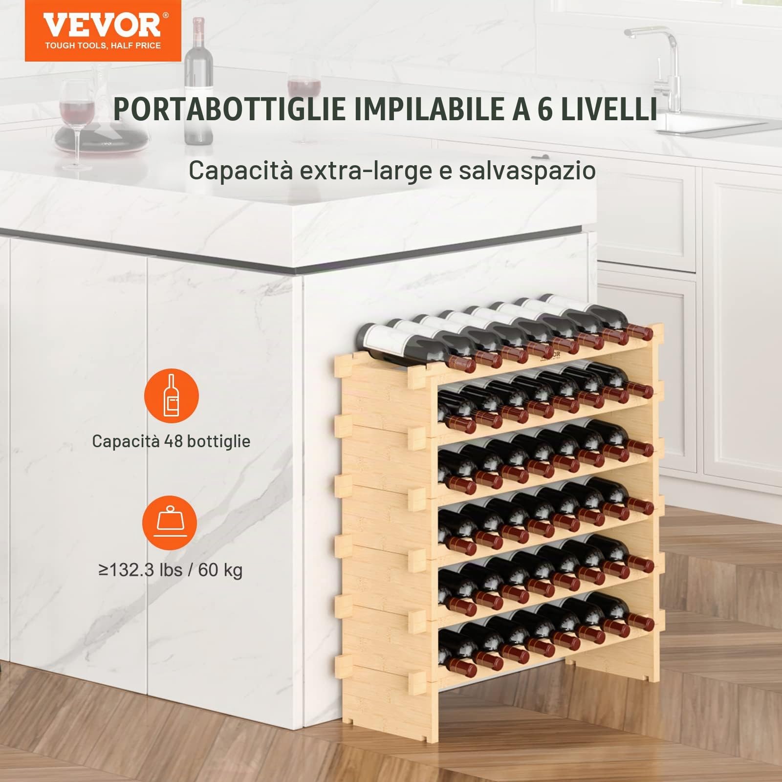 VEVOR Portabottiglie per Vino in Legno di Bambù Impilabile 6 Ripiani Capacità Max. 48 Bottiglie, Cantinetta Portabottiglie 6 Piani da Terra per Vino Materiale Legno Bambù Struttura Modulare Fai-da-te