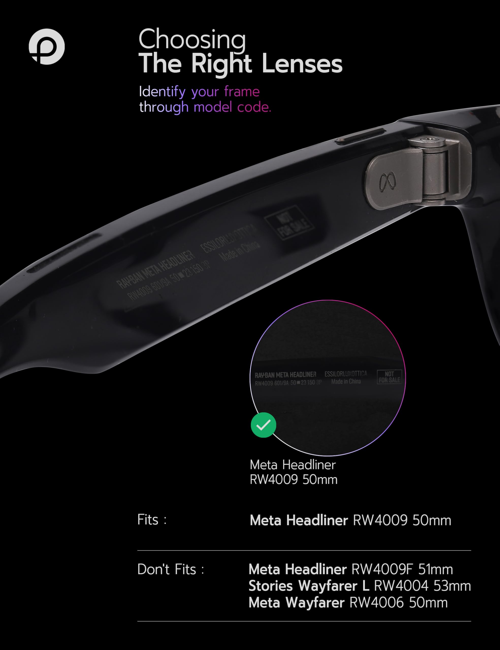 Lenti di ricambio compatibili con occhiali da sole Ray-Ban Meta Headliner RW4009 da 50 mm