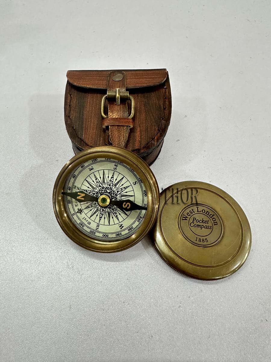THOR INSTRUMENTS Antique Brass Pocket Compass with Leather Case Gifts | Engraved Compasses for Graduation, Him, Her, Husband, Dad, Son/Friends Compass for Camping, Hiking, Touring