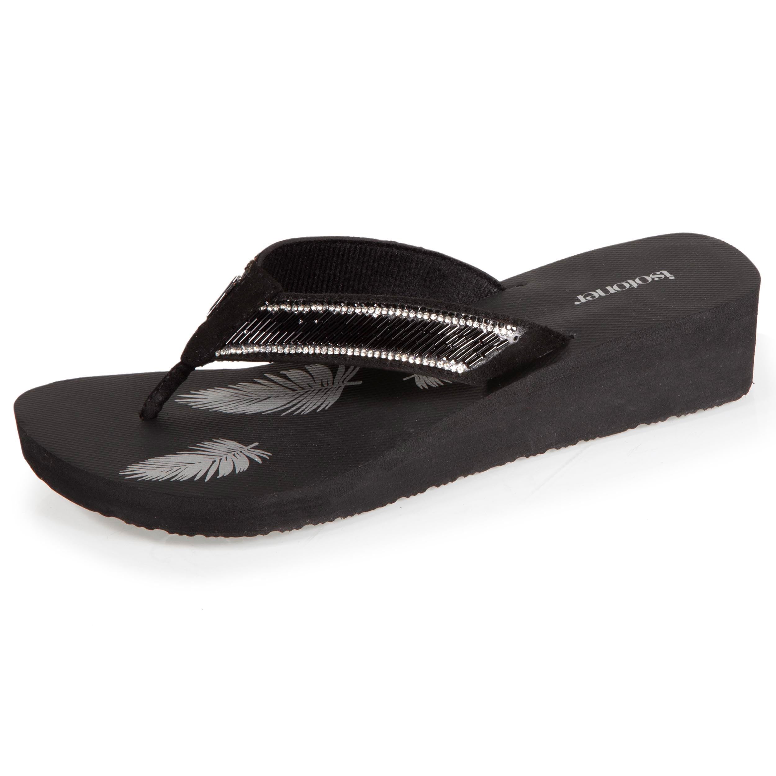 Isotoner Tongs femme à talon de 4 cm – Sandales ouvertes, imprimé floral et paillettes