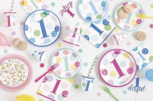 Miniatura 6 de Paquete único de 1er cumpleaños para bebé con lunares azules  Servilletas de bebidas y almuerzo, platos de cena y postre, ideal para la celebración