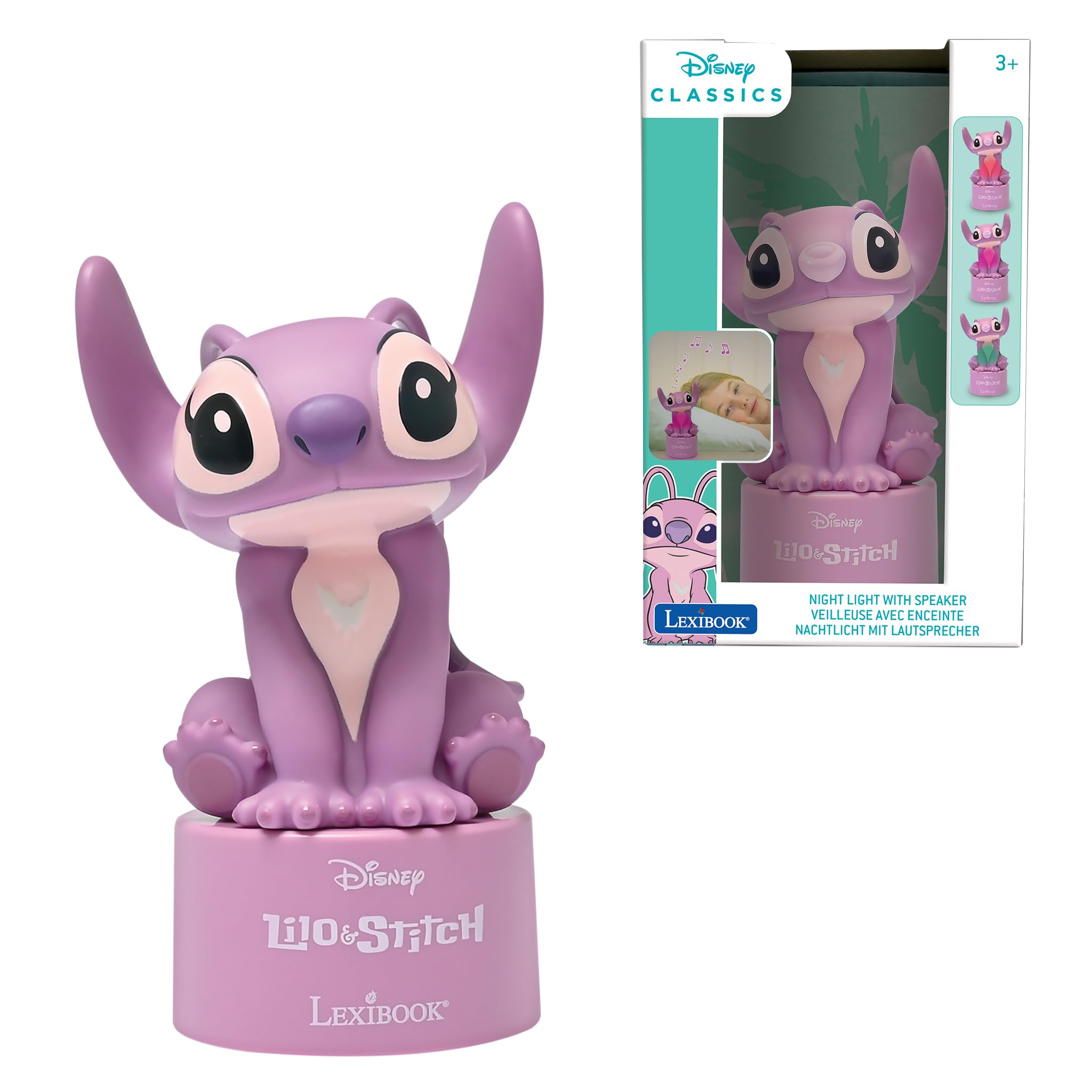 Lexibook Lexibook-NS01D1, Disney Stitch, Notturna Angel con Altoparlante, Cambio di Colore, Luce soffusa, A Batteria, Rosa, Taglia Unica, NS01D1