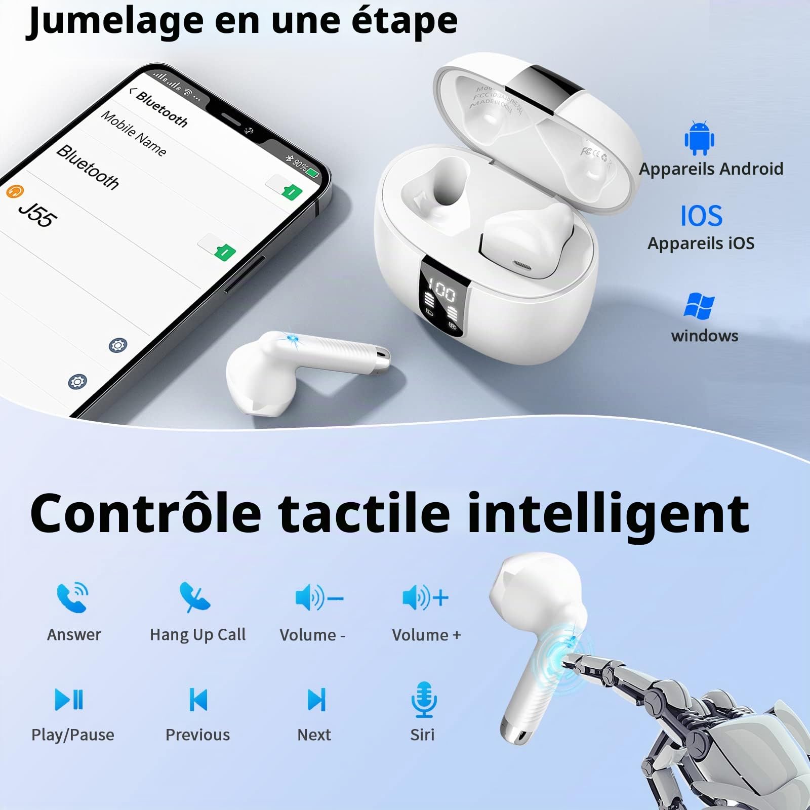 Drsaec Ecouteurs Bluetooth sans Fil, Écouteurs Bluetooth 5.4 2026 Écouteurs sans Fil avec 4 ENC Réduction de Bruit Mic, IP7 Étanches Oreillette 48H Stéréo USB-C Casque pour Sport/Travail
