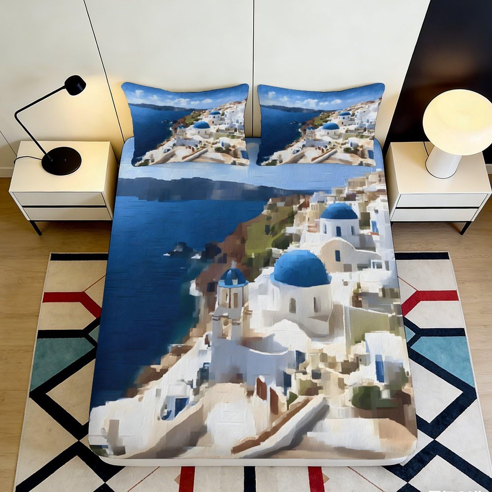 3D Printed Santorini Landscape Fitted Sheet Microfiber Soft Durable Blue White Coastal Mattress Cover for Bedroom Dormitory Guest Room Home Decor 180x200x25cm