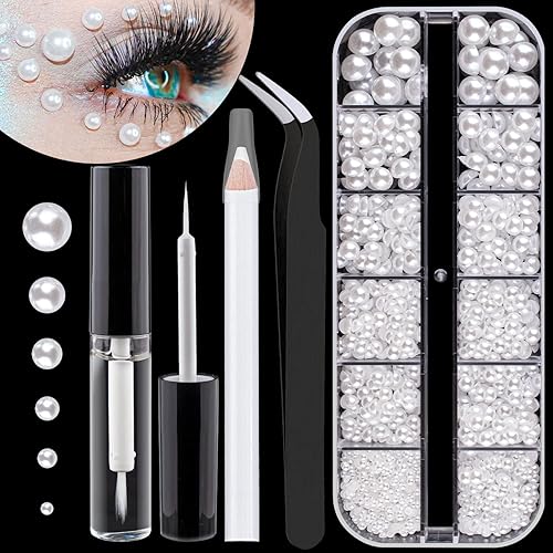 1 caja de perlas de espalda plana perlas blancas medio redondas con pegamento de maquillaje de secado rápido lápiz recogedor pinzas para arte de