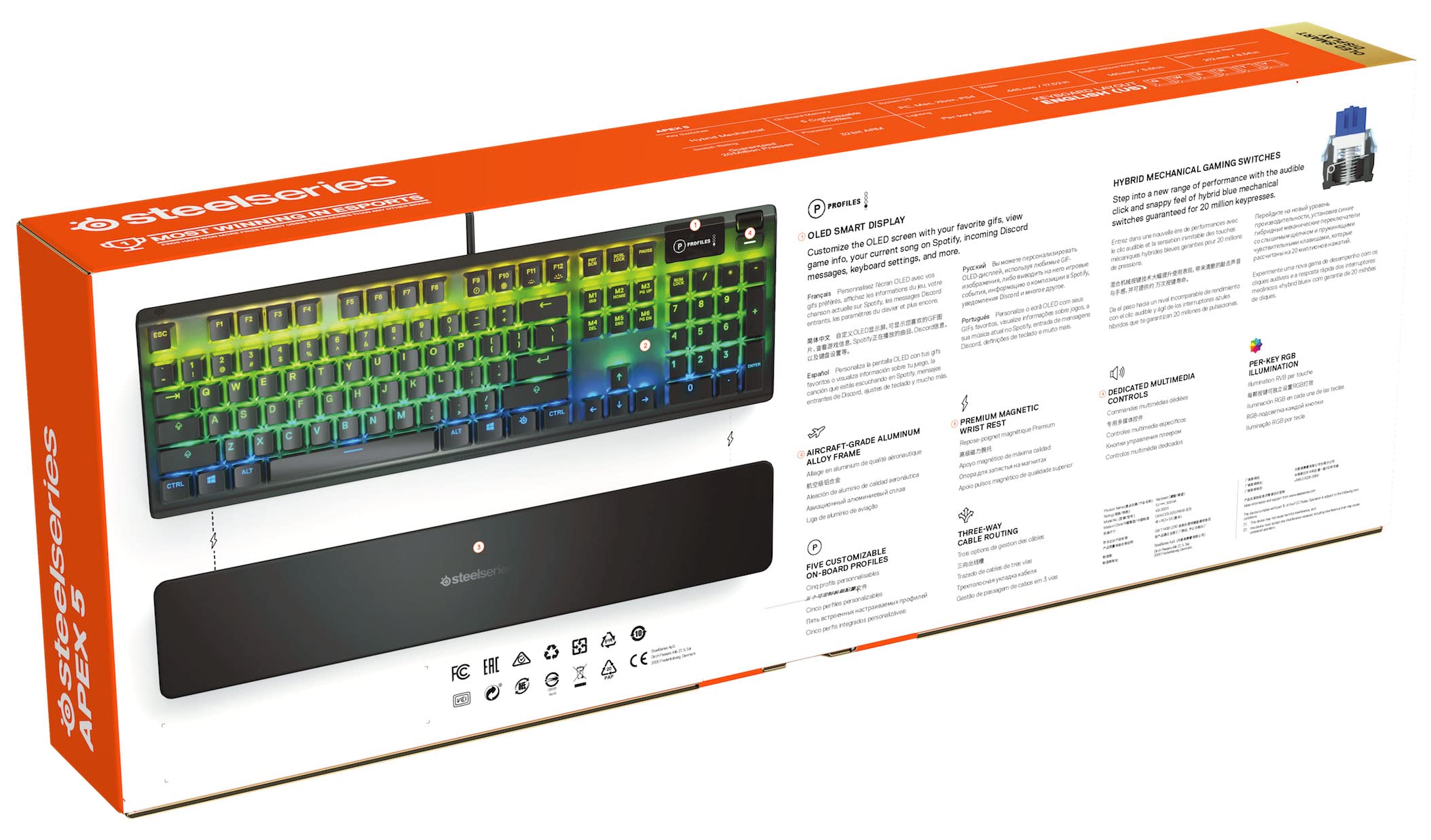 Steelseries Apex 5 - Clavier de Gaming Hybride Mécanique - Illumination RVB Par Touche - Affichage Intelligent Oled - Agencement Américain Qwerty