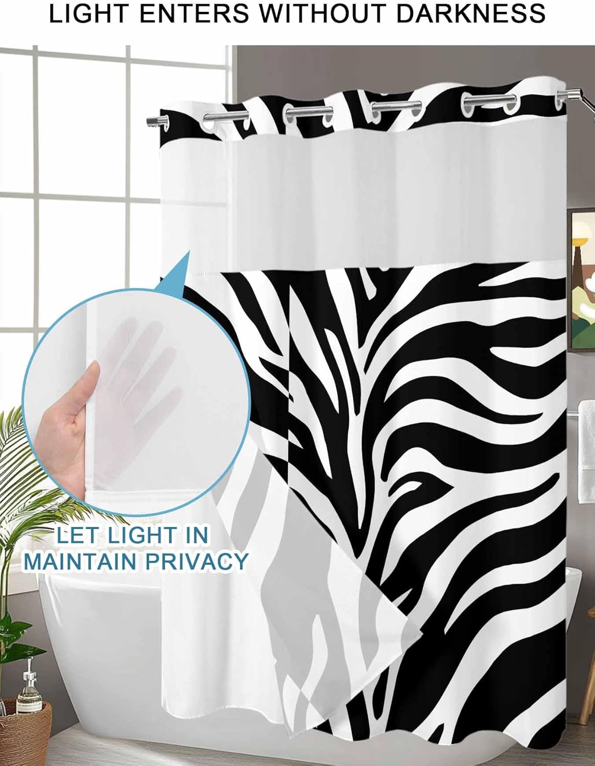 SEVENBABU White Zebra Striped No Hook Shower Curtain with Snap in Liner Waterproof Fabric Shower Curtain Set for Bathroom Animals Fur Abstract Art Shower Curtain with See Through Top Window 72"x72"