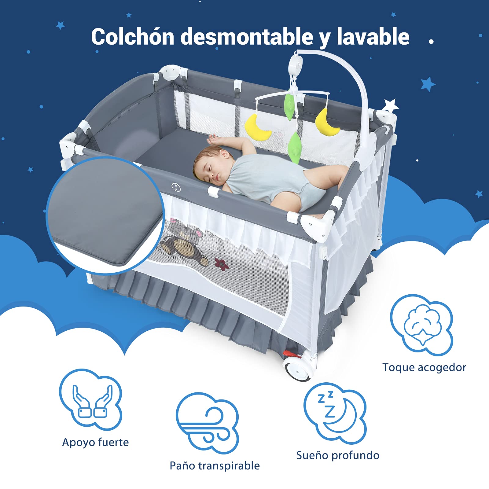 GOPLUS Cuna de Viaje Plegable, Cuna Bebe Portátil con Juguetes & Mosquitera & Música, Cuna para Bebé con Cambiador Desmontable, Cuna Convertible con Bolsa de Transporte, para 0-36 Meses (Gris) (Gris)