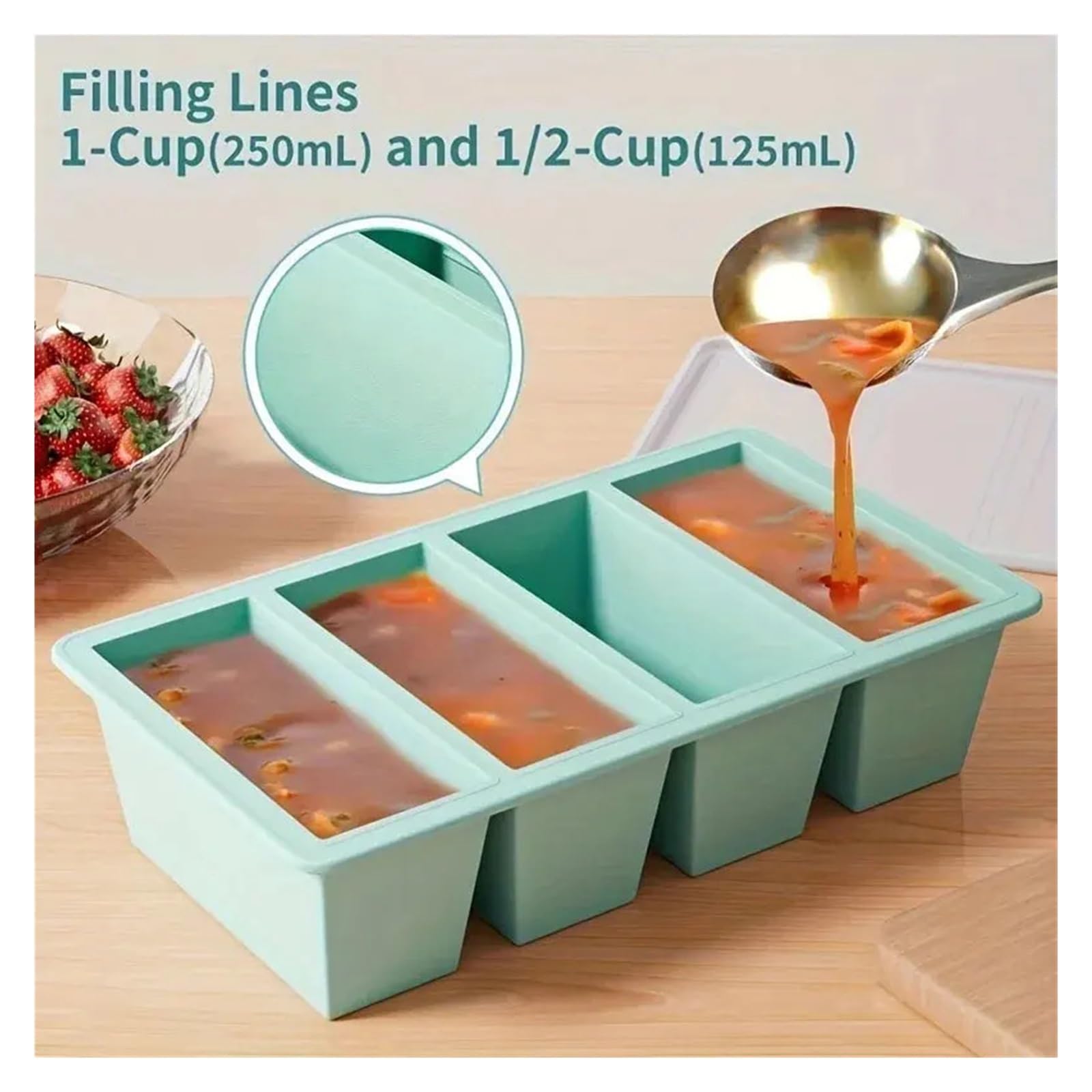 Stampo for vassoio di ghiaccio in silicone a 4 griglie grandi dimensioni con coperchio adatto for zuppa brodo, salsa, contenitore for alimenti, congelamento, facile da sformare(Black (with cover))