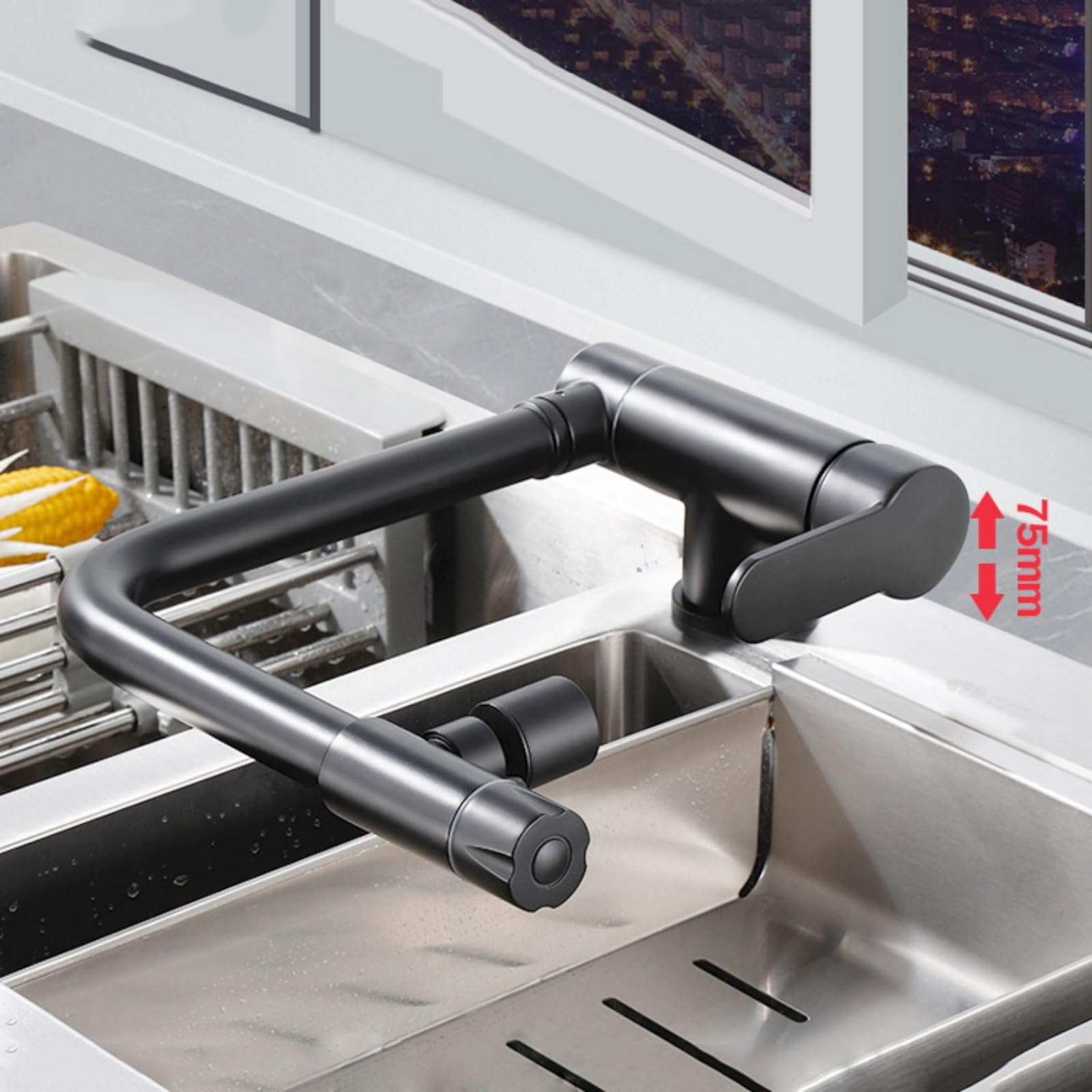 XJTNLB Grifo Cocina 3 Vias Osmosis Abatible Negro Grifo de Cocina Fregadero con Osmosis con 2 Salidas Grifo Cocina Plegable Bajo Ventana Osmosis-B