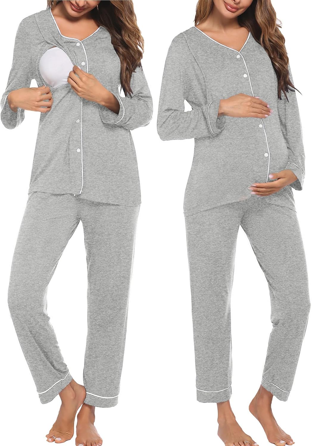 Ekouaer Maternity Pajama Set Button Down Nursing Pajamas Long Sleeve Breastfeeding Loungewear with Adjustable Pants