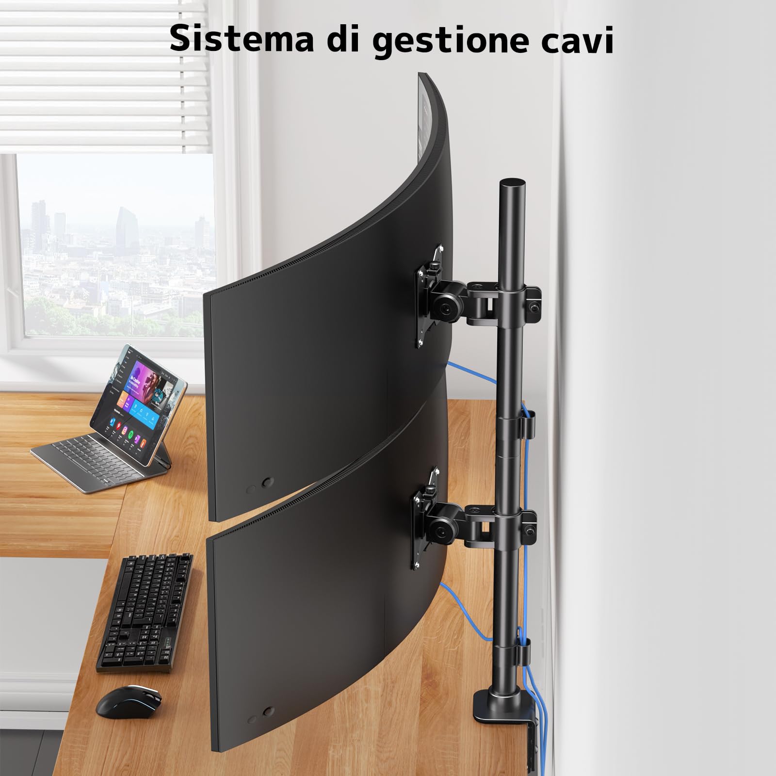 Supporto Doppio Monitor Verticale, Supporto per schermi ad alta resistenza con palo extra alto da 803 mm e impilamento verticale per monitor da 17" - 49" con rotazione