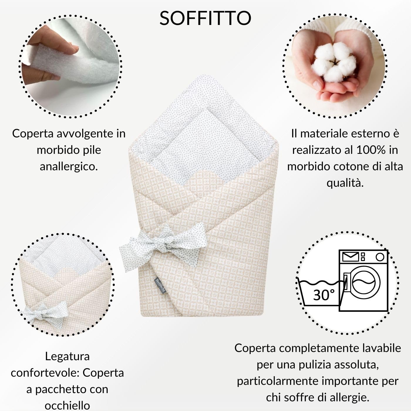 Bellochi Copertina Avvolgente Neonato - Universale Sacco Neonato per Ovetto Carrozzina Gondola Seggiolino Auto - 100% Cotone Antialergico - (Beige Dots)