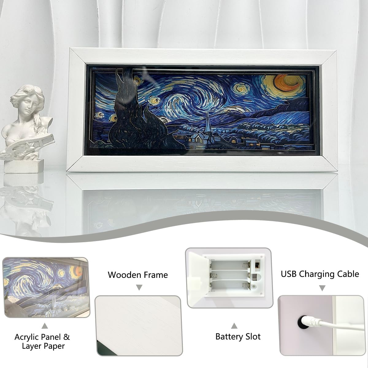 Van Gogh Starry Sky Ambient Paper Carving Lamp, USB Powered, 7 Colors with 7 Dimmable Night Light Modes, Minimalist Nightstand Lamp for Bedroom Living Room Office Bookshelf Decor