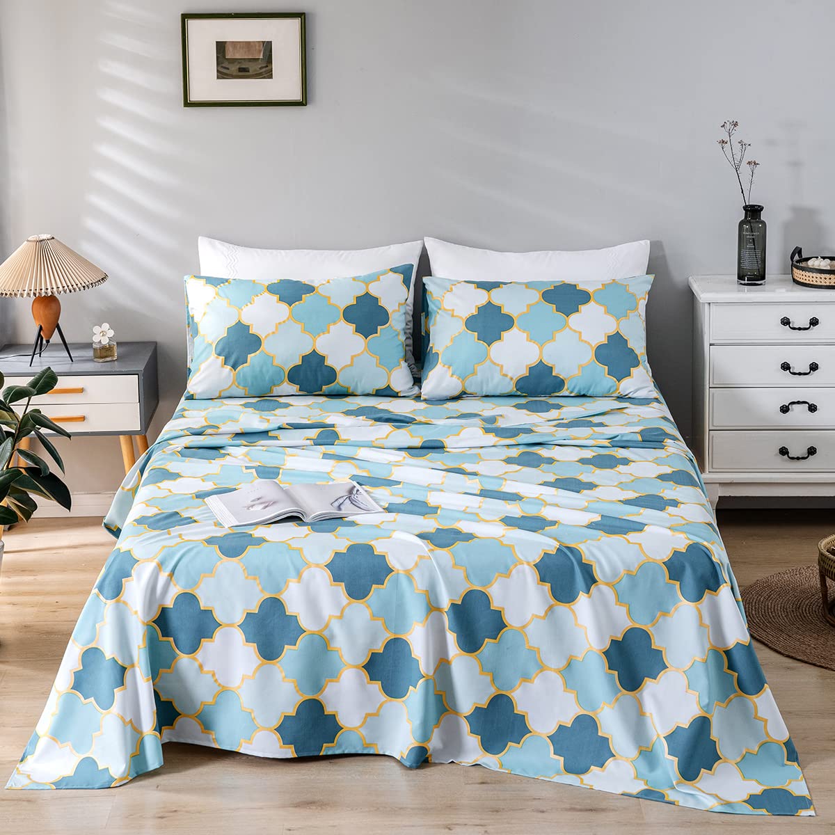 DuShow 4 Piece Bed Sheet Set,Bedding Queen Bed Set with Fitted Sheet,Flat Sheet and 2 Pillowcases,Blue Deep Pockets Bed Sheets Queen Set,Soft Brushed Microfiber Bedding Printed Queen Sheet Set