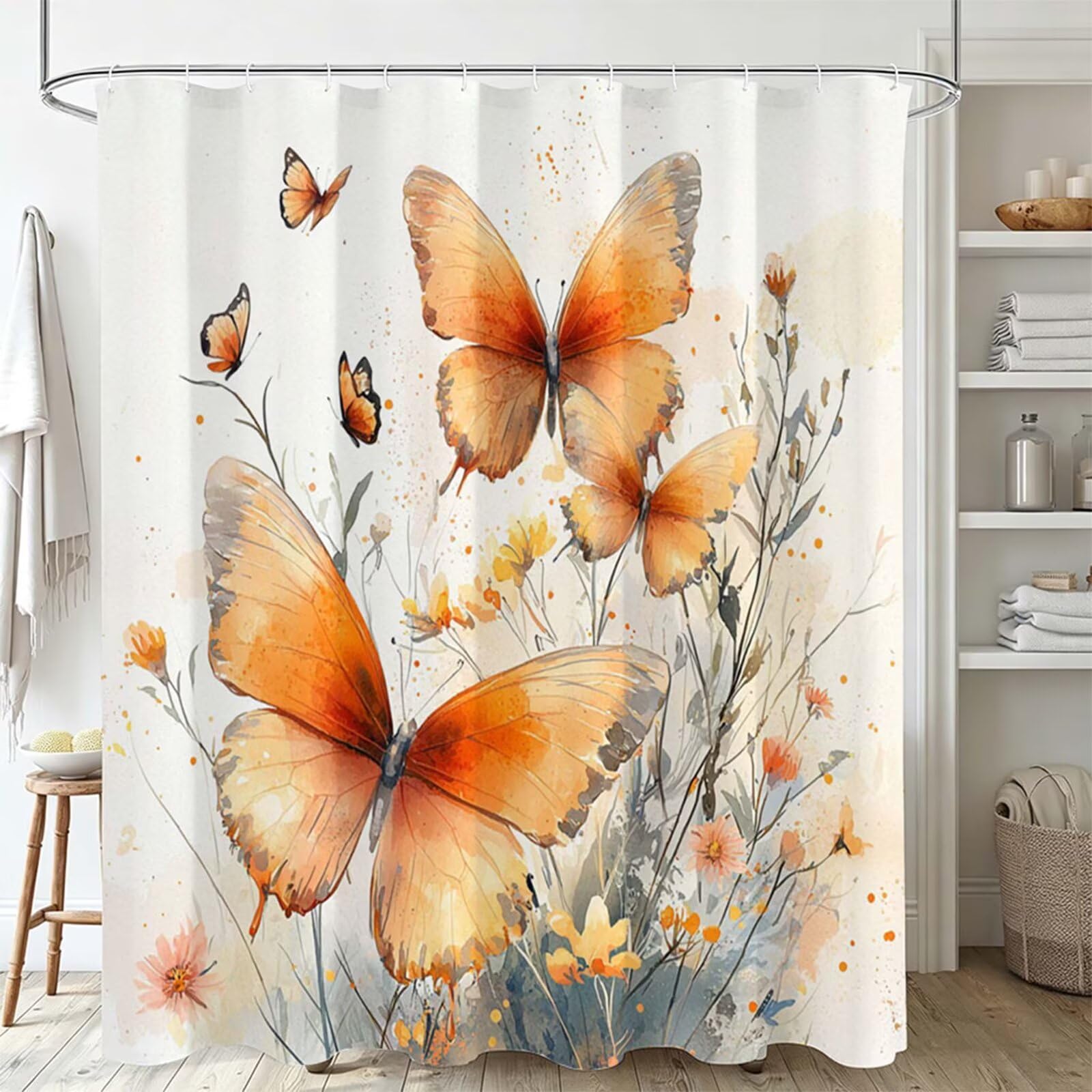 arancione Tenda Doccia 180x180cm,Tenda per Doccia Tessuto Poliestere Impermeabile Asciugatura Rapida 12 Anelli,Tende Finestra Bagno e Vasca Pieghevole per Angolare Casa Shower Curtain Farfalla J-508