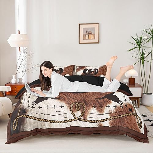 Miniatura 8 de Juego de ropa de cama de piel de vaca para niños, funda de edredón con patrón de caballo para niños, adolescentes, decoración de dormitorio, estilo