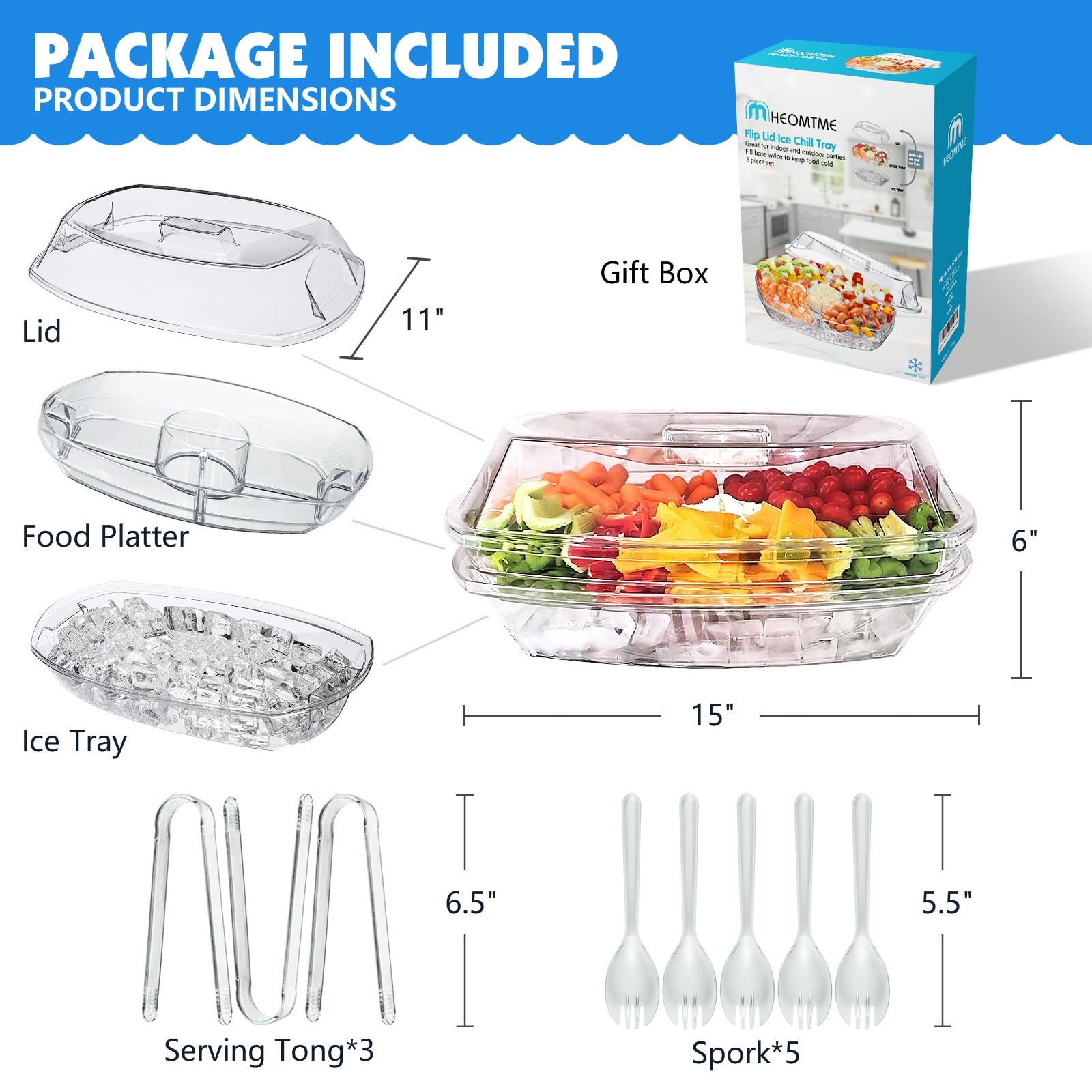 MHEOMTME Ice Chilled Party Platter, 15 Inch Clear Veggie Fruit Trays with Lid and Dip, Cold Food Serving Trays for Parties, Charcuterie Boards with Ice Tray on Bottom