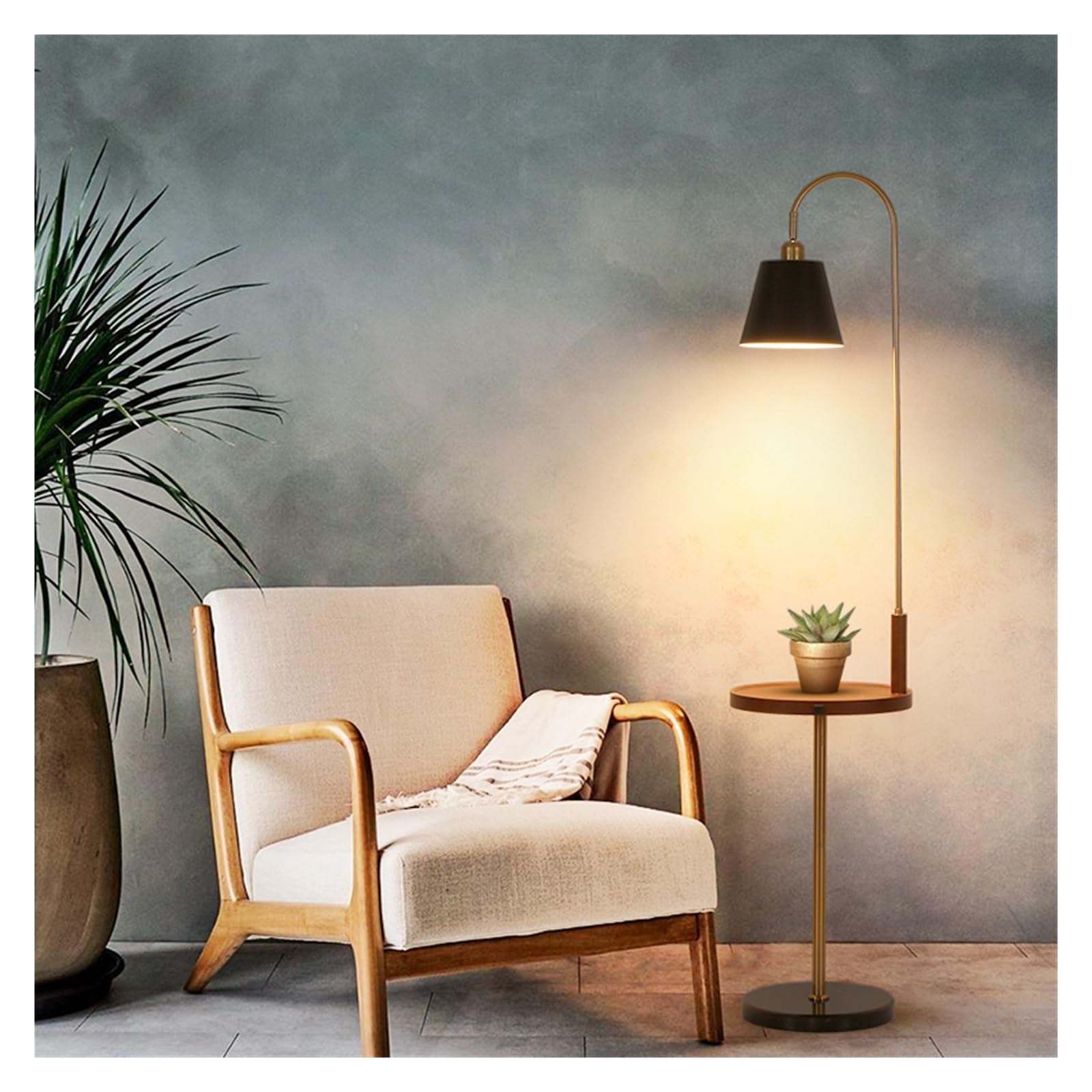 Lampa podłogowa Nowoczesna, elegancka lampa podłogowa z tacką, stolikiem nocnym lub bocznym w stylu Mid-Century i portem ładowania USB(Czarny)