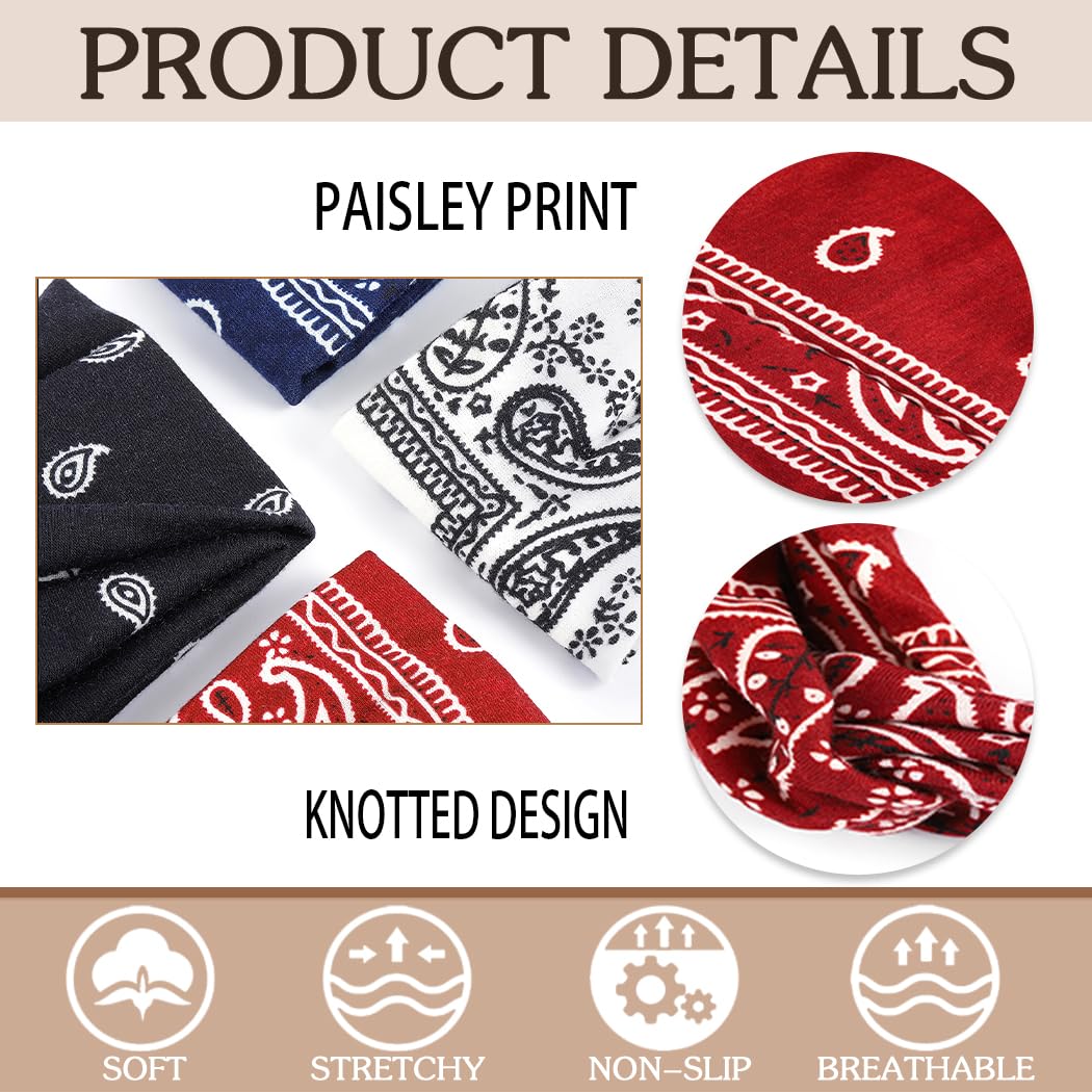 Urieo Boho opaski na głowę ze stretchem paisley nadruk bandana opaska na głowę krzyżowe opaski do włosów wiązane opaska na głowę joga na co dzień dla kobiet i dziewcząt (opakowanie 4 szt.) (A)