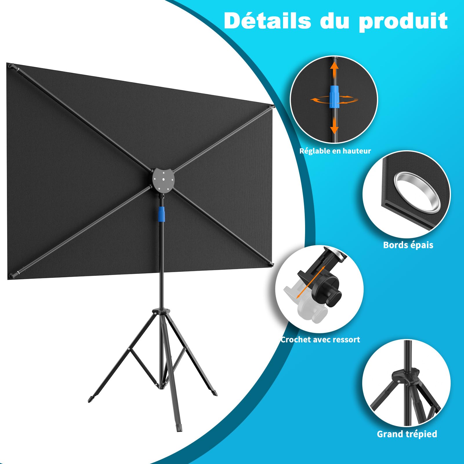 VISULAPEX 80”Écran Videoprojecteur avec Trépied, 4K HD 16:9 Ecran de Projection, Léger Facile à Installer Eran Projecteur, Idéal pour Cinéma Bureau et Présentations