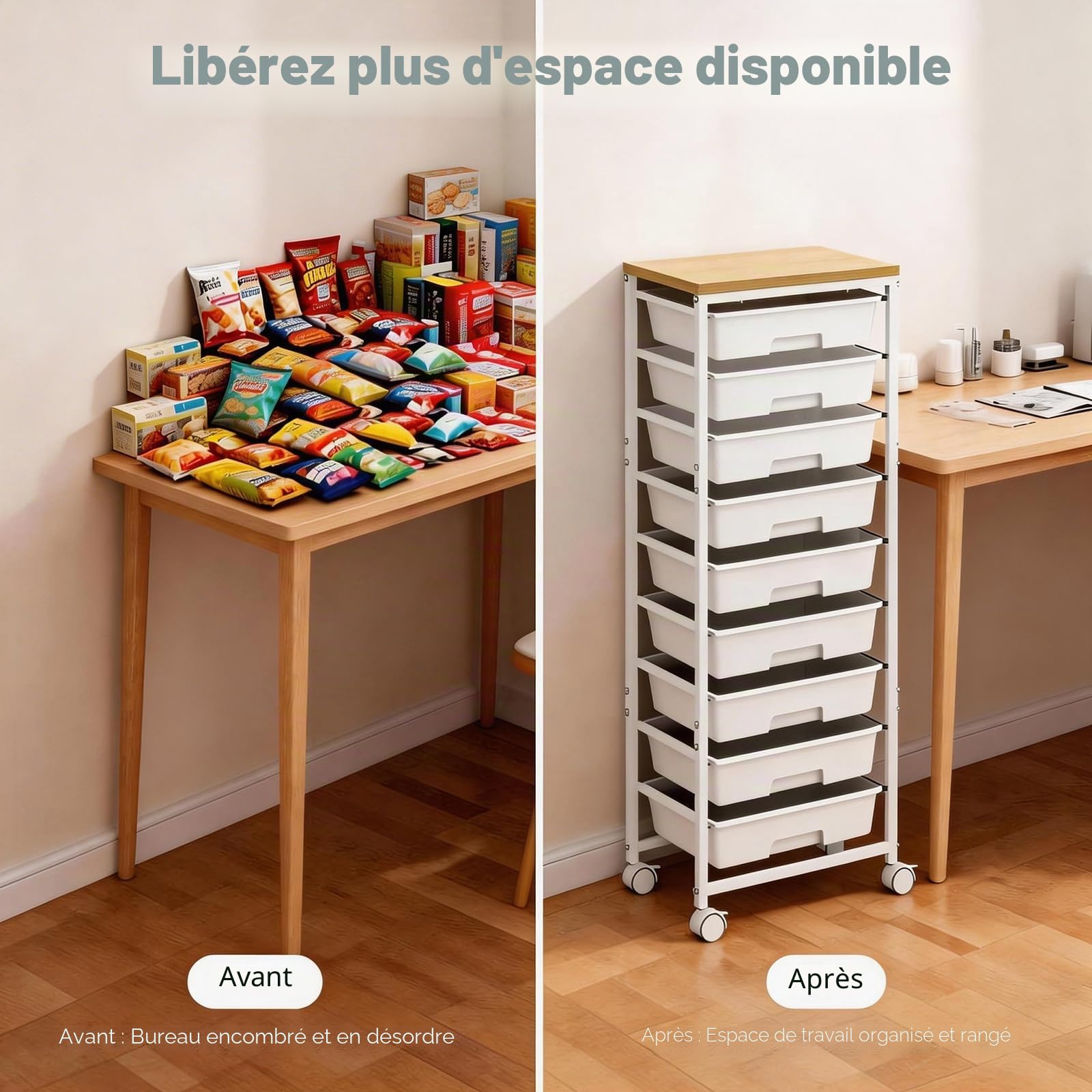 Chariot de salle de bain à 8 tiroirs, meuble à tiroirs mobile avec étagères en bois, roulettes pivotantes à 360° verrouillables, pour la cuisine, le salon, le bureau et la chambre