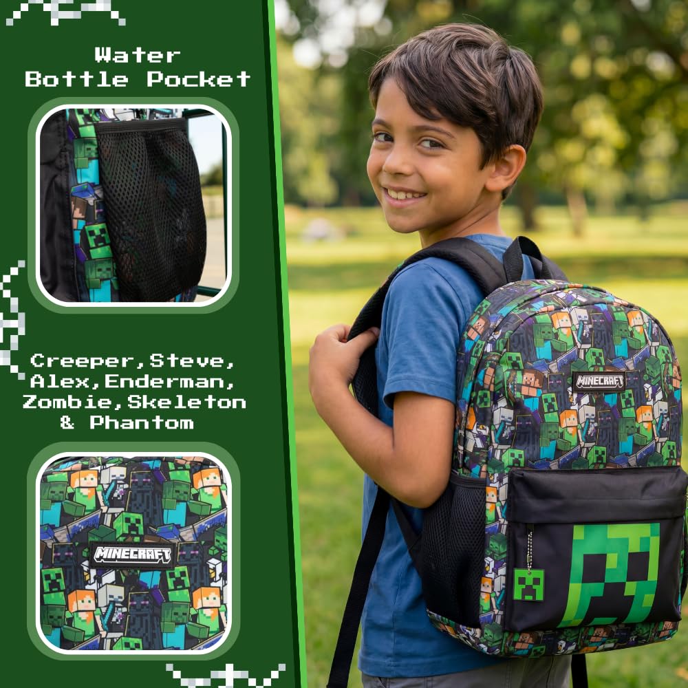 Minecraft Opcje plecaka szkolnego dla chłopców, plecak dla graczy z pnączami, zombie, szkieletem, endermana i pająkiem jaskini, torba z postaciami do szkoły, podróży, gier, jednodniowych wycieczek |