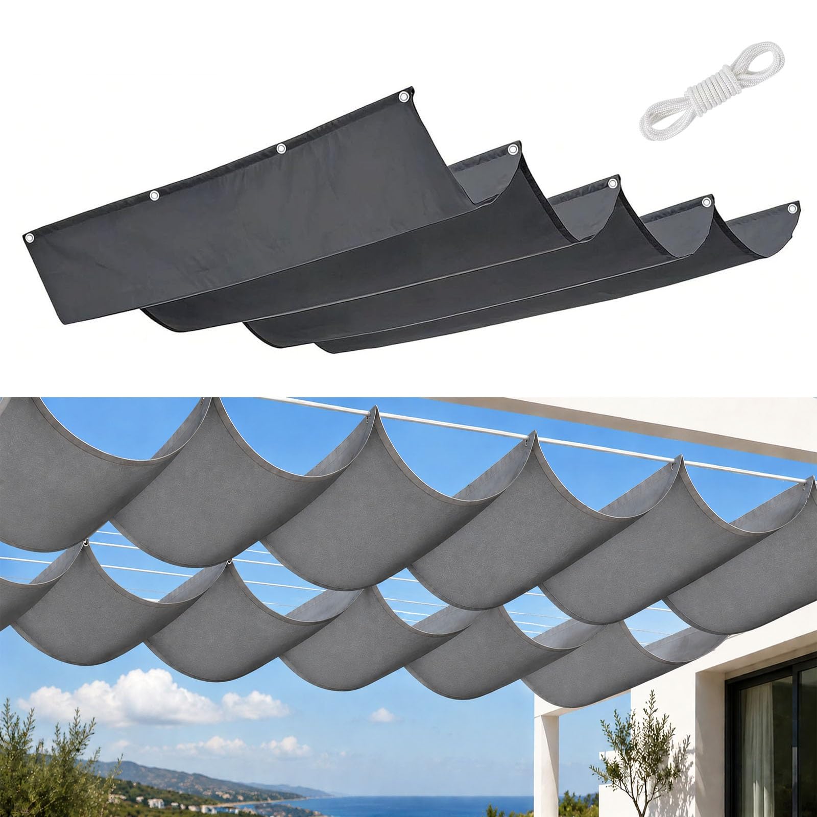 Toldo tipo ola impermeable de 50x350 cm con protección solar y cortaviento para exteriores