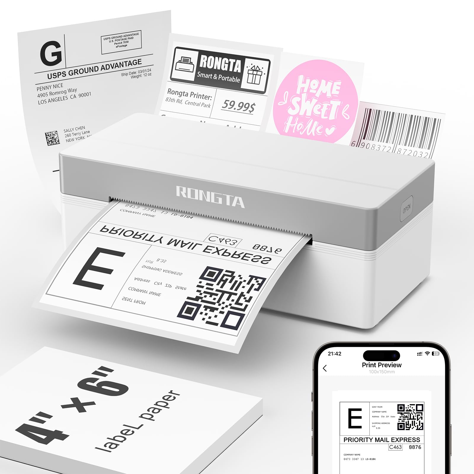 Rongta Impresora térmica de etiquetas de envío Bluetooth, impresora de etiquetas inalámbrica de 4 x 6 para envío, dirección (gris blanco)