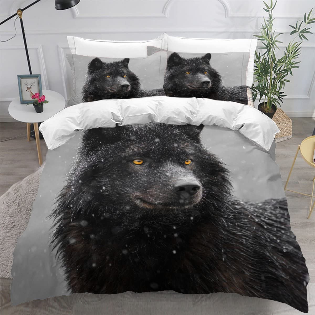 Housse de couette 240x260 loup avec parure de lit 2 personnes en microfibre et taies
