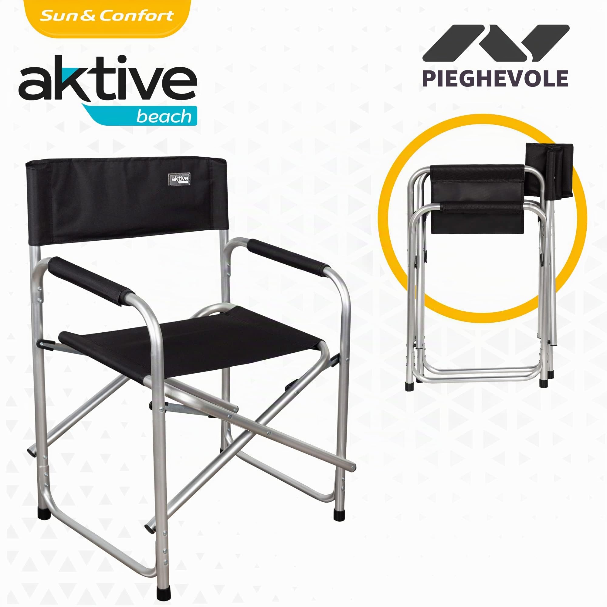 AKTIVE 62617 Sedia Direttore Pieghevole, Campeggio, Alu Tube + Oxford, Nero, 57 x 47 x 82 cm