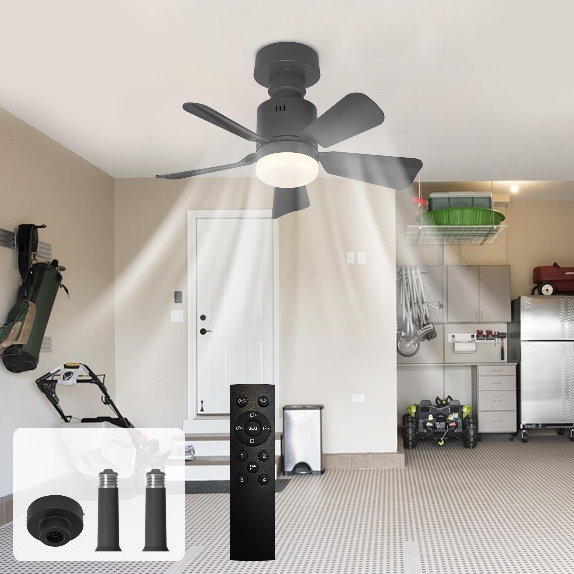 GEADI Ventilateur de Plafond avec Lumière LED Dimmable, Plafonnier à Visser pour Chambre avec Télécommande, 4 Vitesses et 3 Températures de Couleur Réglables, Douille E27, 45 cm Noir