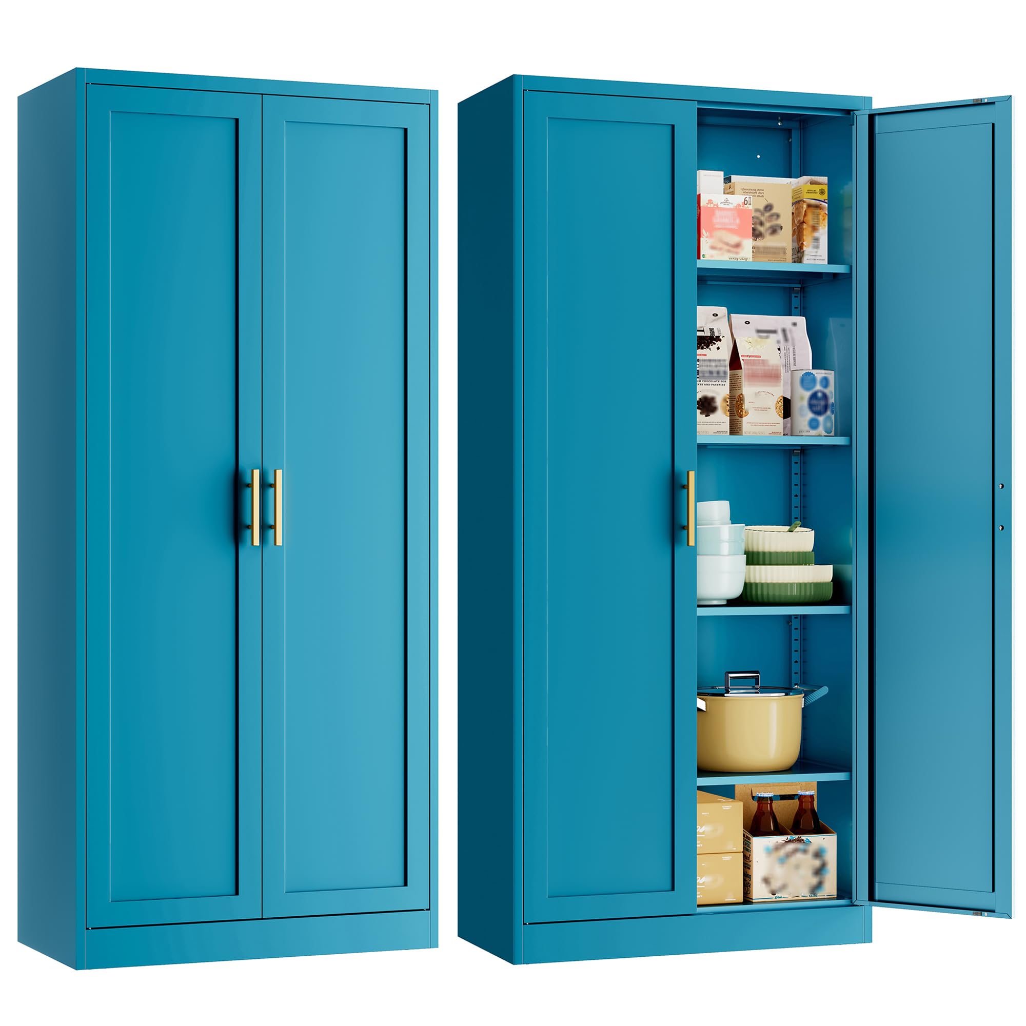 Metal Pantry Cabinet, 71"H x 28"W x 14"D Pantry Cabinets with 2 Doors and 4 Adjustable Shelves, Kitchen Pantry Storage Cabinets, Metal Storage Cabinet for Kitchen, Dining Room, Living Room-Blue