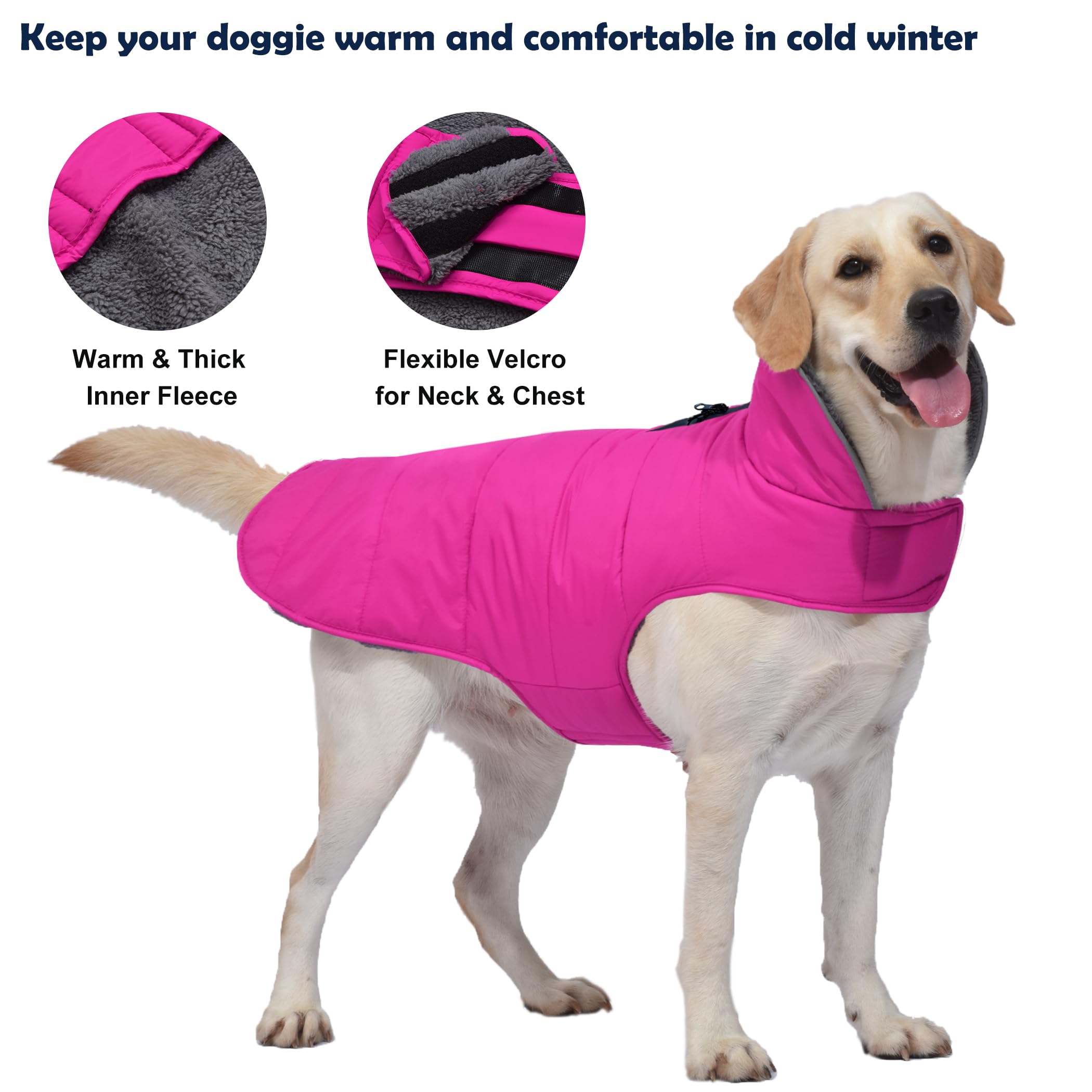 Petglad Abrigo de invierno para perro, chaqueta impermeable para perro con agujero para correa con cremallera, chaqueta de nieve reflectante ajustable para perro, chaleco de forro polar acogedor para