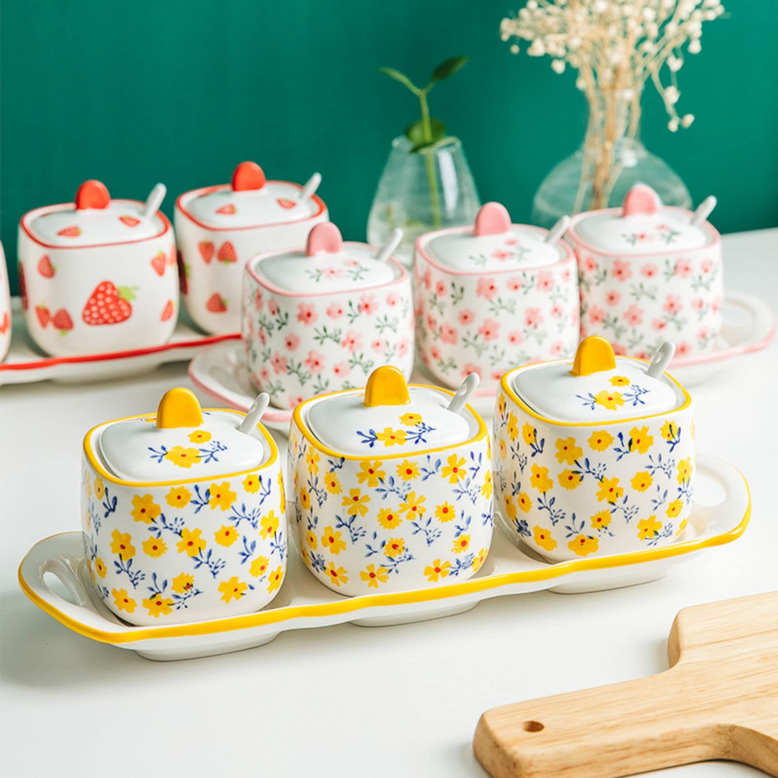 Tarro de especias de porcelana, azucarero, azucarero con patrón dibujado a mano con tapa, azucarero con forma de taza de té de cerámica, accesorios de café, vertedor de azúcar, almacenamiento de cocin