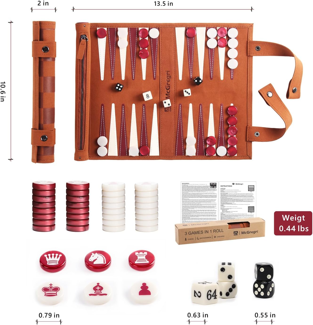 Travel Chess, Backgammon & Checkers Set, 3 in 1 Folding Roll Up Travel Board Game, Portable Travel Backgammon for Adult (Dark Brown)