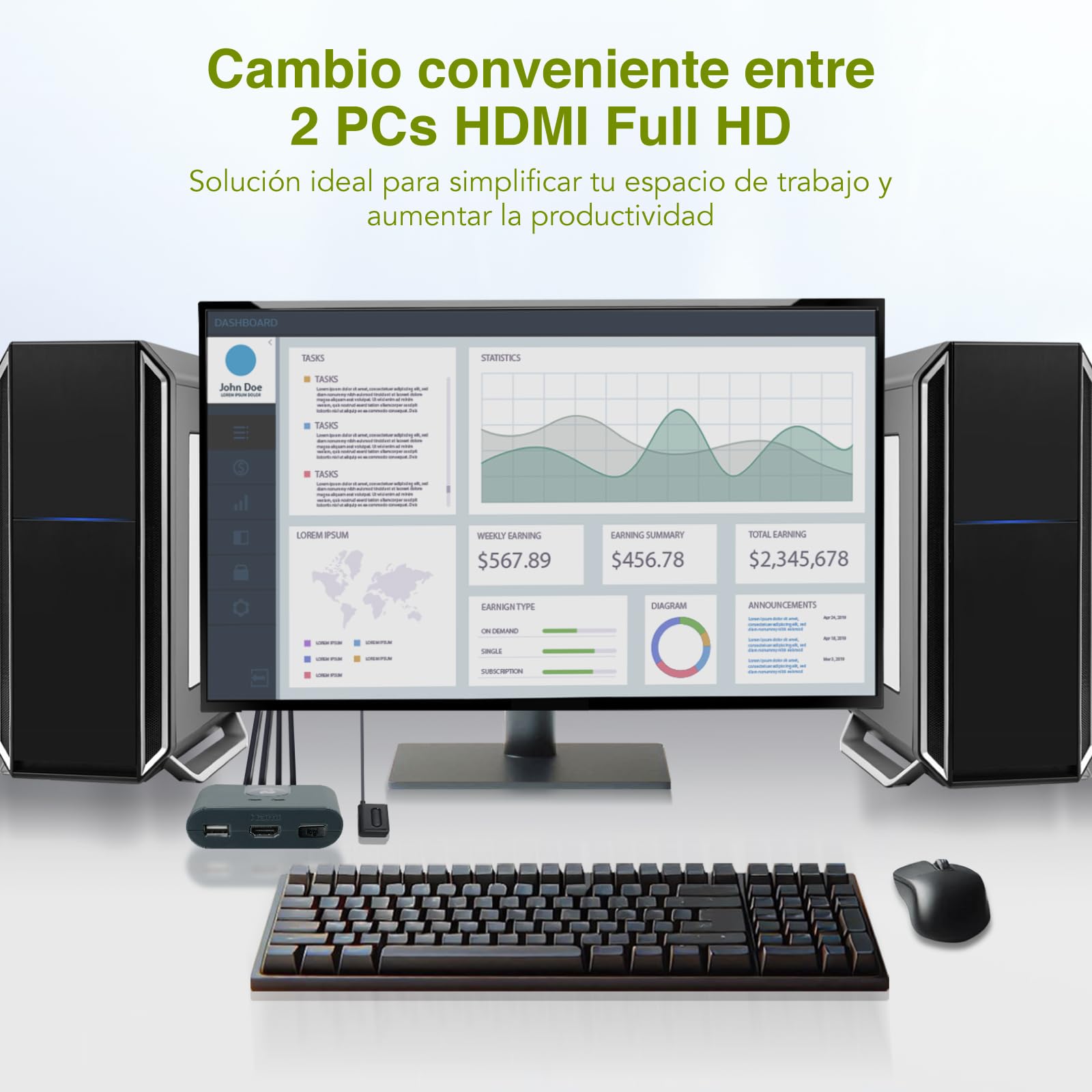 IOGEAR KVM Switch Conmutador HDMI 2 PC 1 Monitor 1080@60Hz Full HD para ratón Teclado Impresora con Cables USB HDMI y Control Remoto Plug and Play Compatible con Windows, Mac y Linux