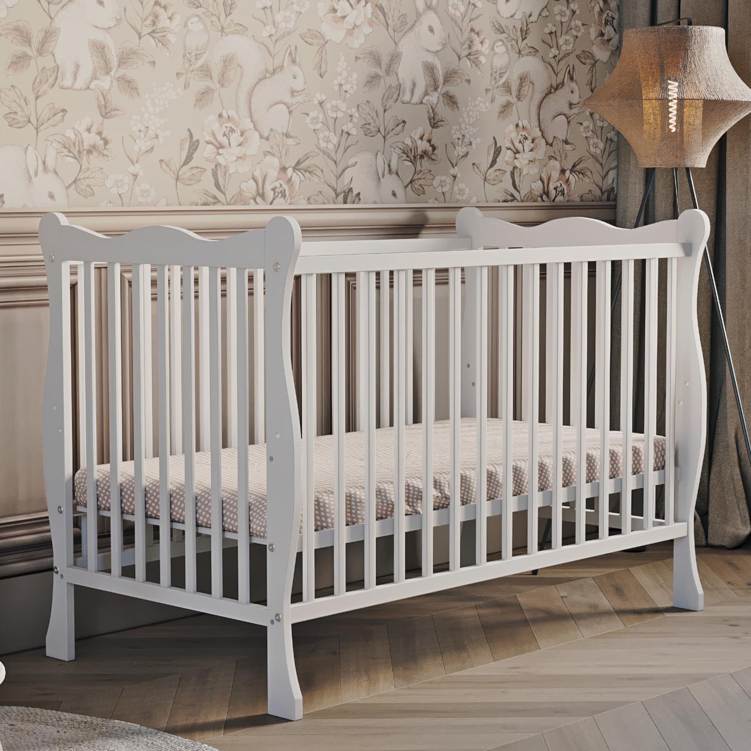 Cuna Julia de 60 x 120 cm, convertible en cama junior, 3 alturas ajustables, 3 barras extraíbles, de madera (con lado de conversión (sin colchón)