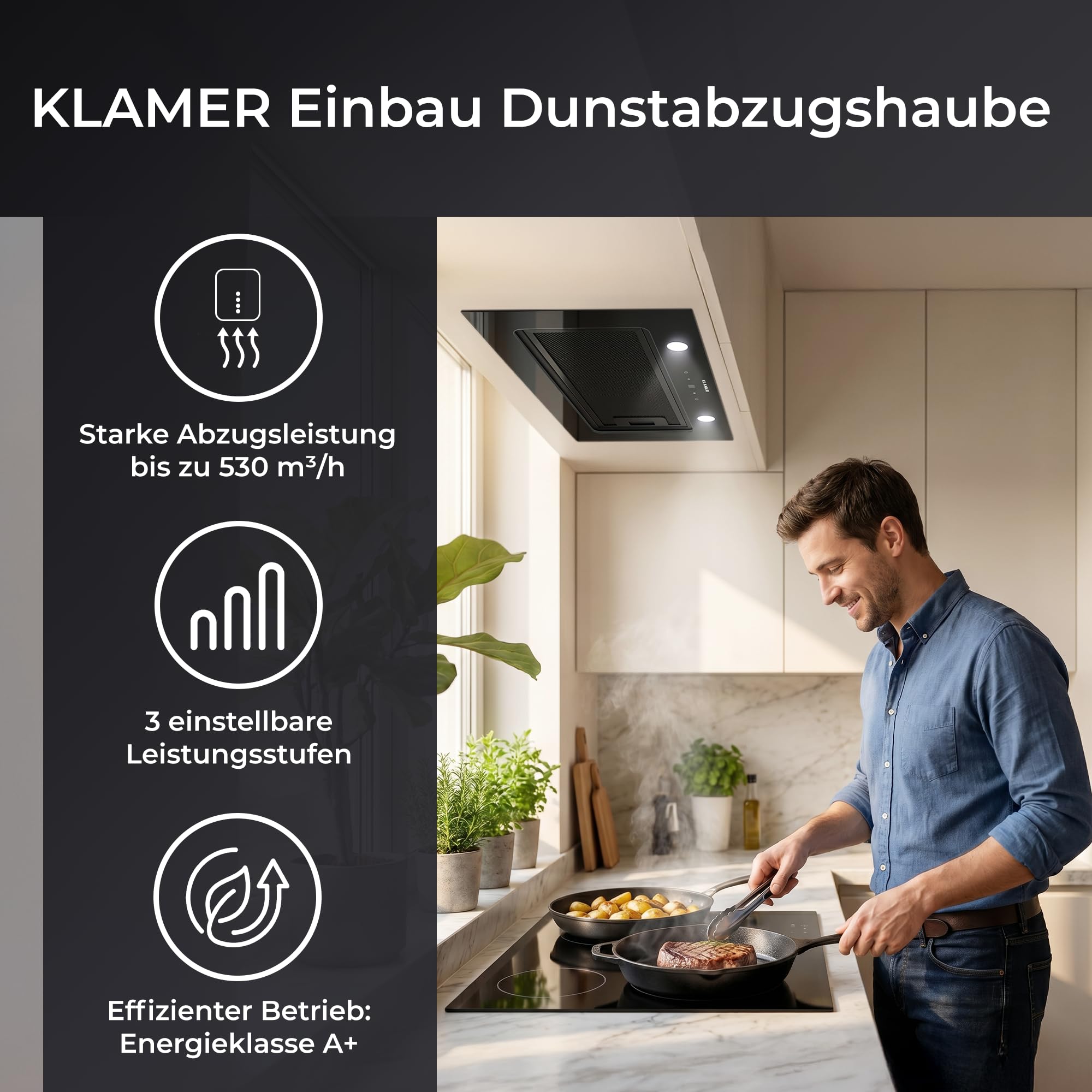 Klamer Einbau Dunstabzugshaube Schwarz 530 m³/h Umluft Abluft A+ 3 Stufen Timer 2 LED Aktivkohlefilter