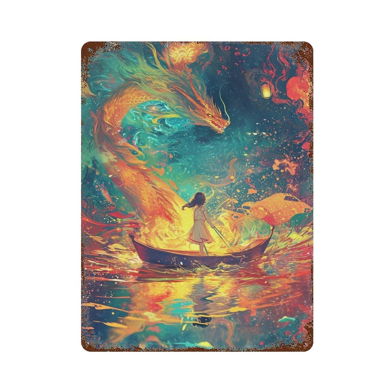Garage Style Dragon Boat Adventure Fantasy Art Distressed Metal Wall Sign 15.7"x11.8", Rustic Home Decor for Bar And Workshop