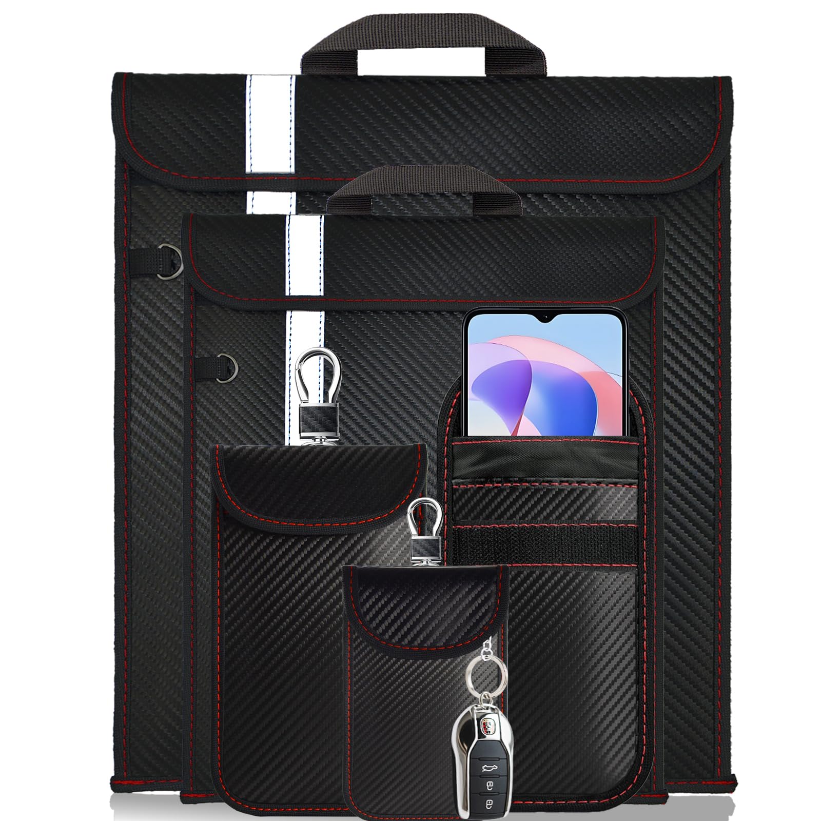 Faraday Bags Carbon Fiber, Anti-Tracking Faraday Bag for Phones & Tablets & Laptops & Car Keys, RFID Signal Blocker, Faraday Bags Emp Proof-5 Pack, Large Faraday pouch with Handle