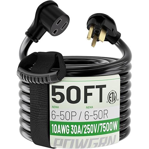 POWGRN 30 AMP 50ft Welder Extension Cord Outdoor 10 Gauge, 250V NEMA 6-50 Heavy Duty Welding Cord 3 Prong, 10AWG SJTW Black, ETL